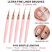 Set of five pink ultra-fine nail liner brushes with rose gold ferrules and 7–25 mm bristles, shown with black linework on nude nails.