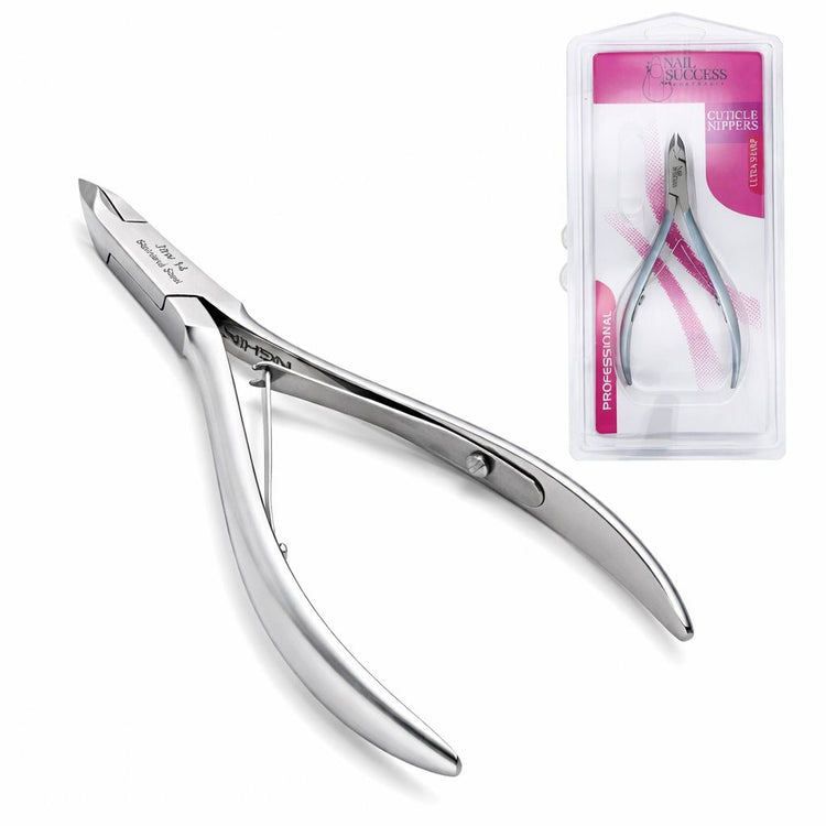 Stainless steel cuticle nipper shown with retail blister packaging for precise cuticle trimming