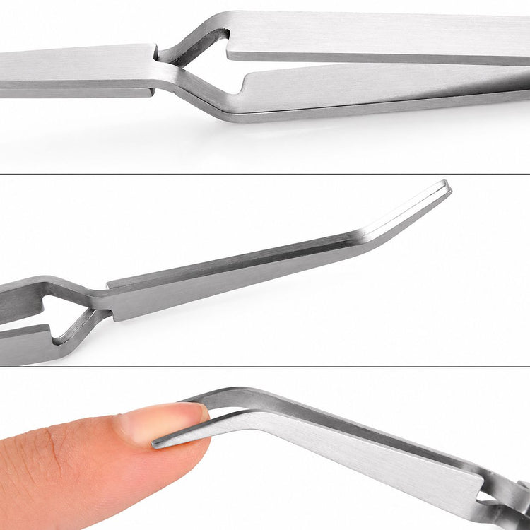 Nail Success Australia stainless steel nail pinching tweezers close-up showing curved precision tips and acrylic nail pinching technique for refining C-curves