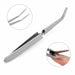 Nail Success Australia stainless steel nail pinching tweezers with curved precision tips and close-up acrylic nail shaping detail for refining C-curves