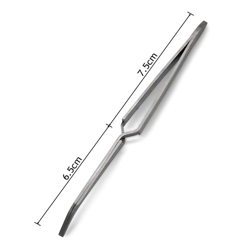 Stainless steel nail pinching tweezers — angled tips with size guide