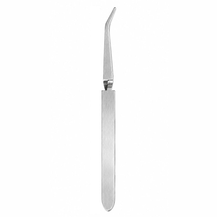 Nail Success Australia stainless steel nail pinching tweezers front view with curved angled precision tip and slim flat metal handle for acrylic nail shaping