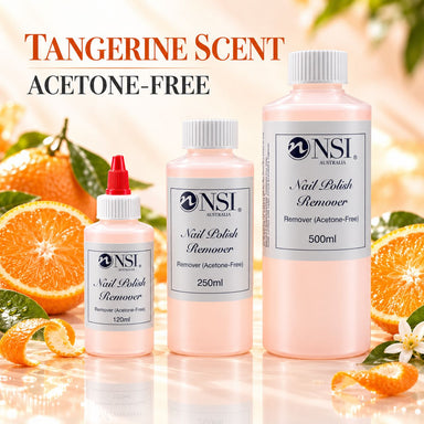 NSI Australia tangerine scent acetone-free nail polish remover, three bottle sizes with fresh oranges