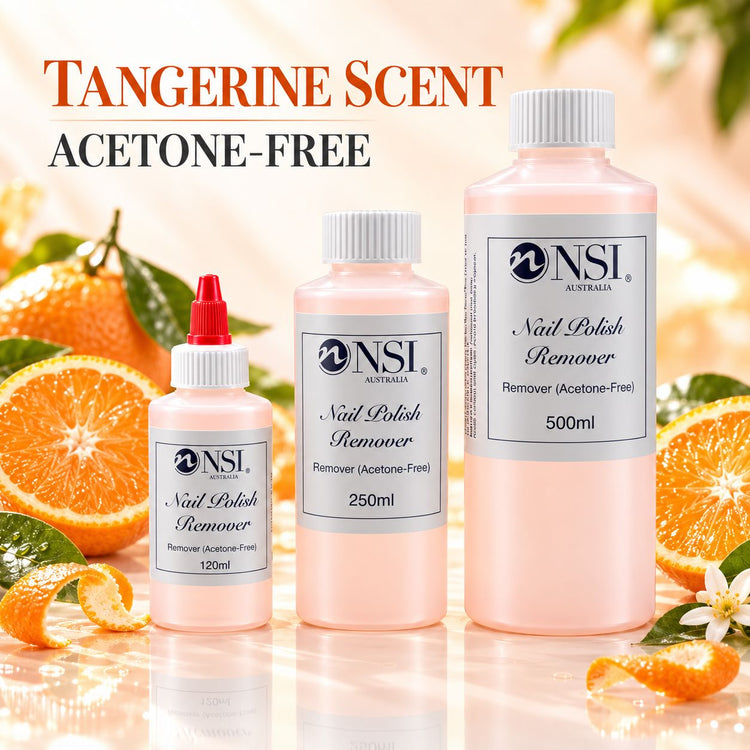 NSI Australia tangerine scent acetone-free nail polish remover, three bottle sizes with fresh oranges