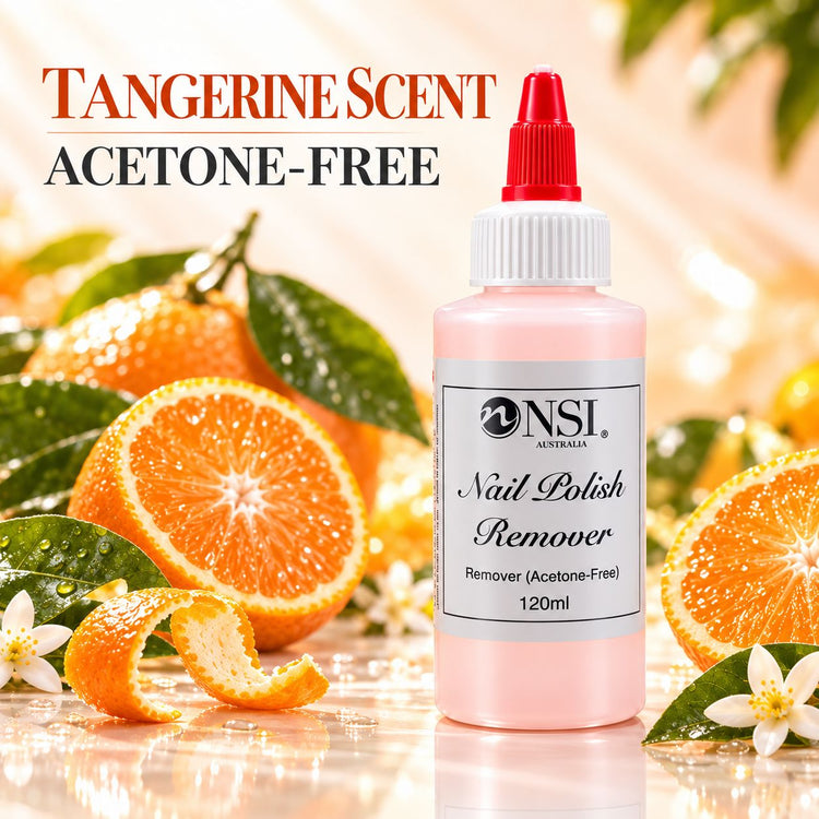 NSI Australia tangerine scent acetone-free nail polish remover, 120ml bottle with oranges