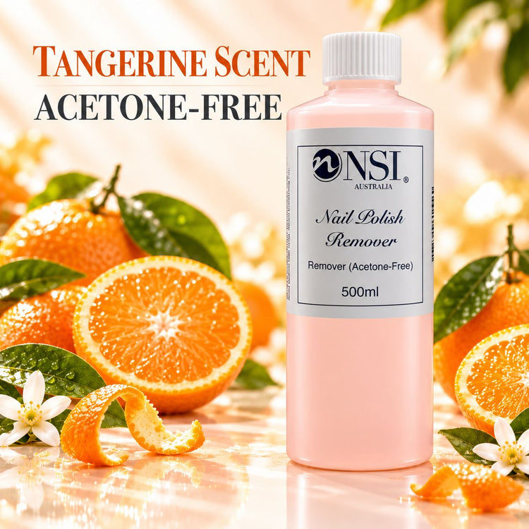 NSI Australia tangerine scent acetone-free nail polish remover, 500ml bottle with oranges