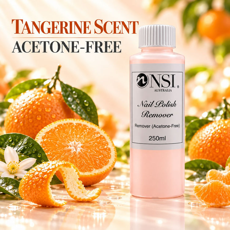NSI Australia tangerine scent acetone-free nail polish remover, 250ml bottle with oranges