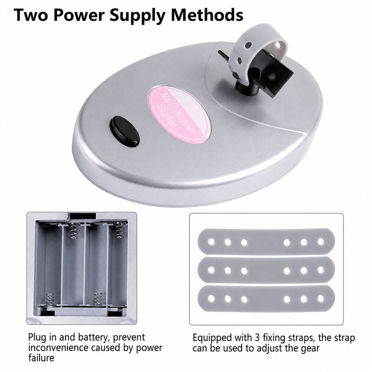 Nail Success Australia nail polish shaker and gel mixer showing two power supply methods, battery compartment and fixing straps