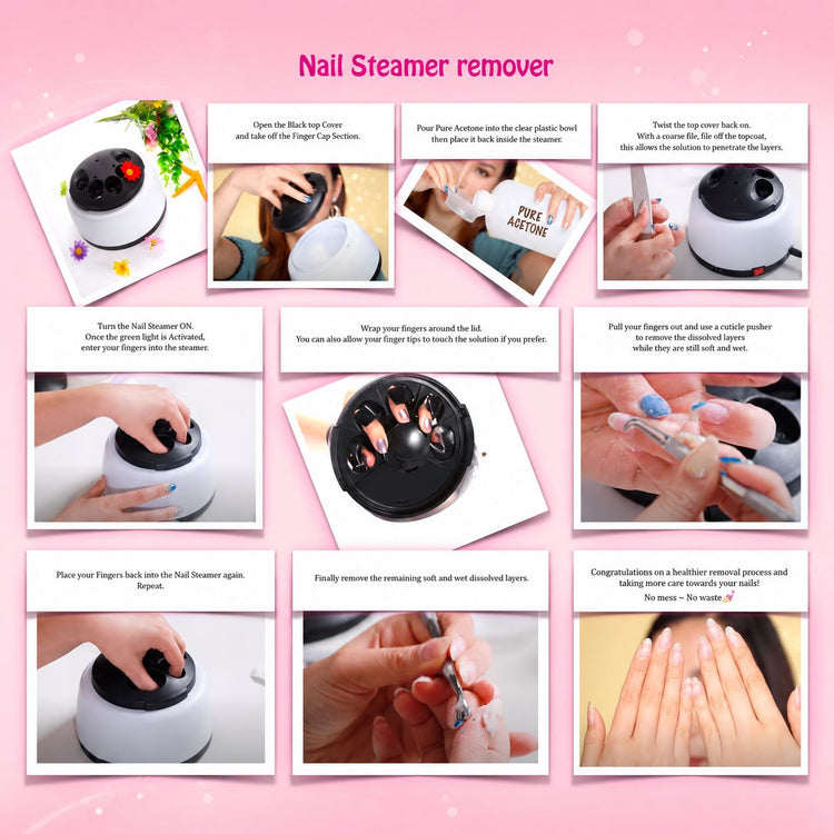 Nail steamer remover step-by-step instruction guide showing acetone soak-off gel polish removal process