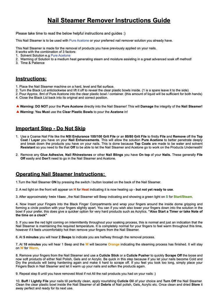 Nail steamer remover instructions guide – step-by-step directions, acetone usage and safety warnings for nail product removal.