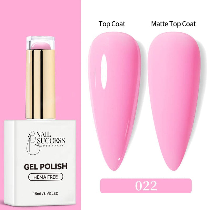 Nail Success Australia HEMA-free Gel Polish 022 bubblegum pink — 15ml UV/LED with glossy and matte swatches