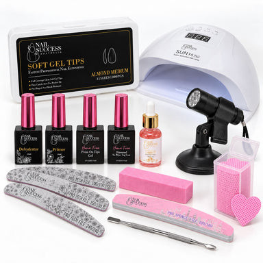 Nail Success HEMA-Free Soft Gel Nail Extension Kit, Almond Medium, with 80W lamp, torch and stand, prep products and accessories.
