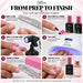 Soft gel extension application overview: prepare, prime, apply and flash cure, full cure, refine, top coat and cuticle oil.