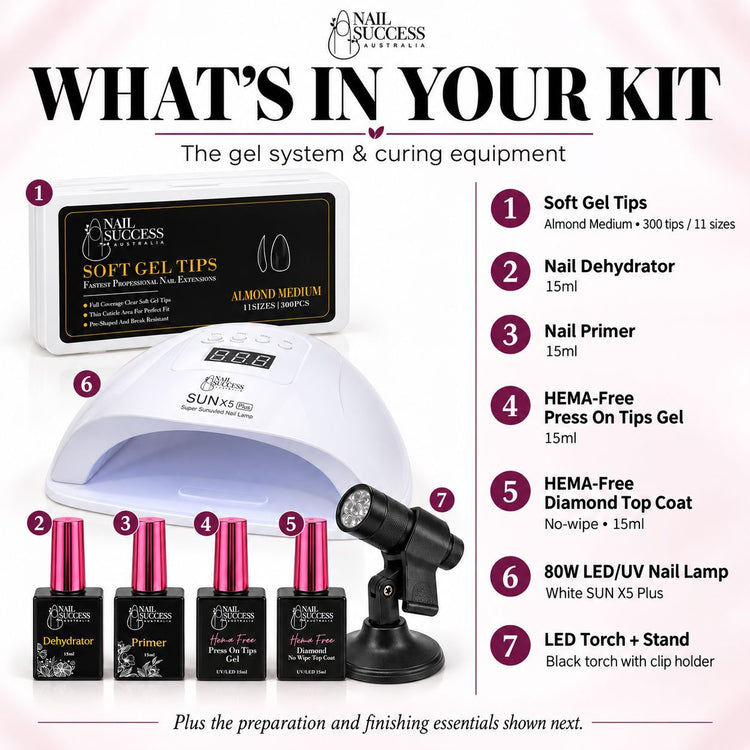 Kit contents 1–7: 300 Almond Medium tips, dehydrator, primer, HEMA-free tips gel and top coat, 80W lamp, torch and stand.