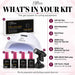 Kit contents 1–7: 300 Almond Medium tips, dehydrator, primer, HEMA-free tips gel and top coat, 80W lamp, torch and stand.