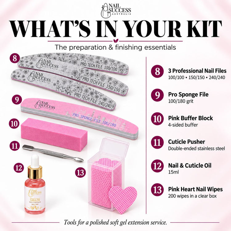 180 sponge file, pink buffer, cuticle pusher, oil and 200 pink heart wipes.