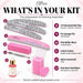 180 sponge file, pink buffer, cuticle pusher, oil and 200 pink heart wipes.