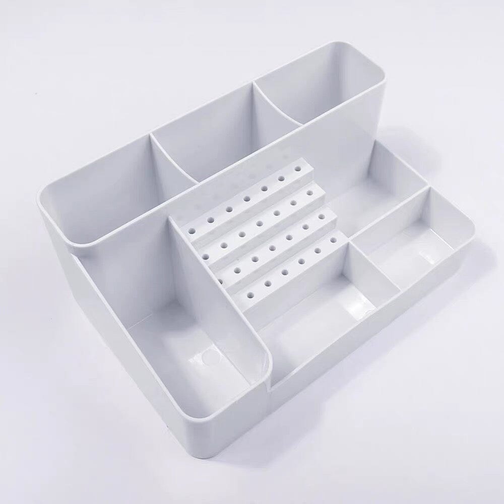 White nail tech desk organiser tray with multi compartments and drill bit holder