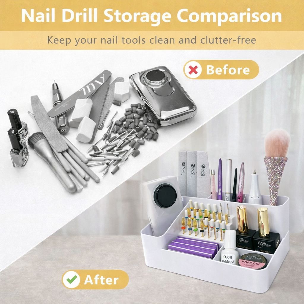 Before and after nail drill storage comparison showing messy nail tools vs organised multi-compartment desk organiser