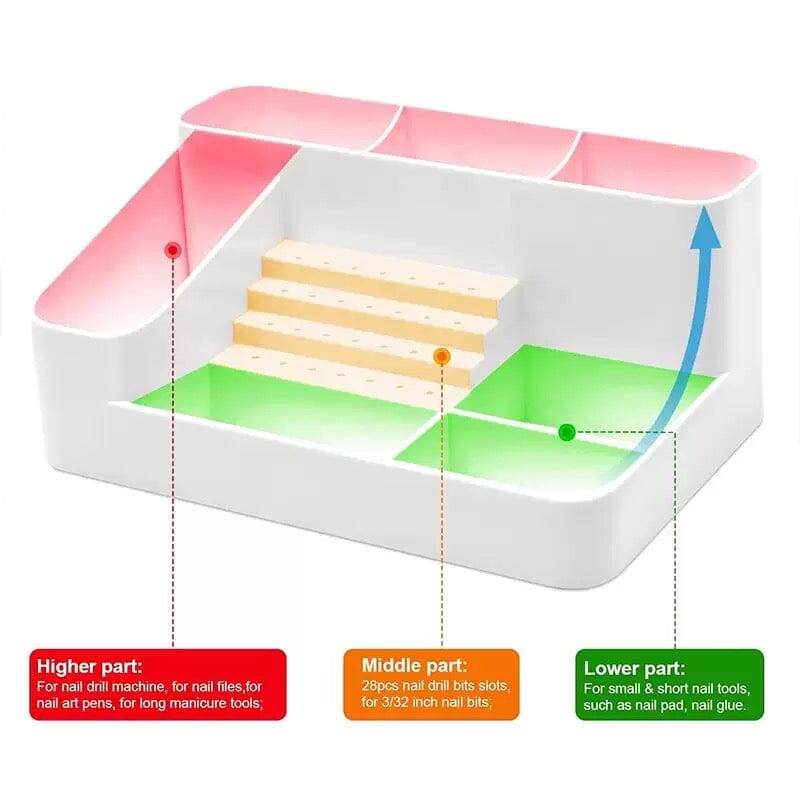 Nail tech desk organiser diagram showing compartments and 28-slot drill bit holder