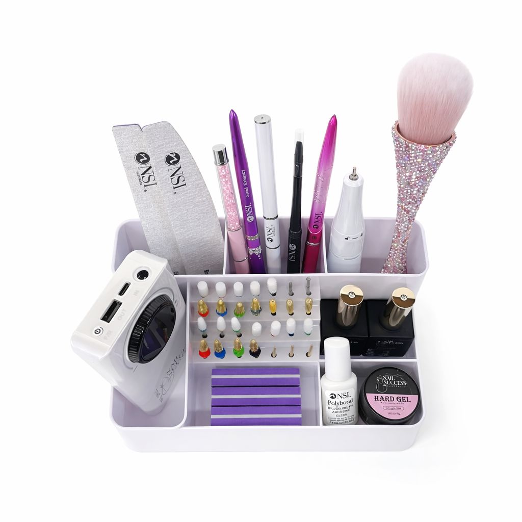NSI Australia nail tech desk organiser with multi-compartment storage holding nail files, brushes, drill bits, buffer blocks and gel nail products.
