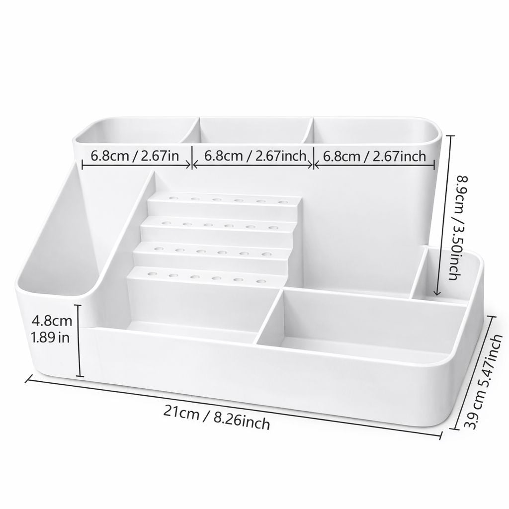 Nail tech desk organiser with drill bit holder and compartments, 21cm storage tray dimensions