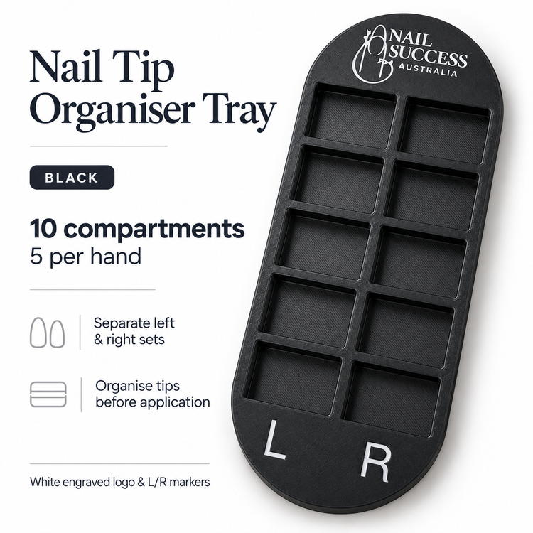 Nail Success Australia nail tip organiser tray in black, 10 compartments, shown in a product detail graphic