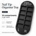 Nail Success Australia nail tip organiser tray in black, 10 compartments, shown in a product detail graphic