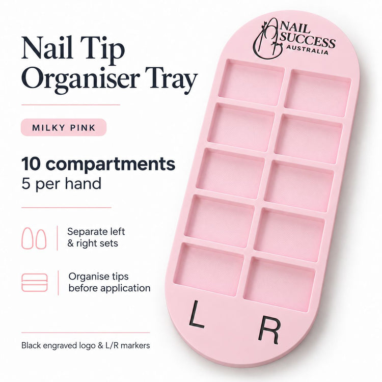 Nail Success Australia nail tip organiser tray in milky pink, 10 compartments with engraved left and right markers