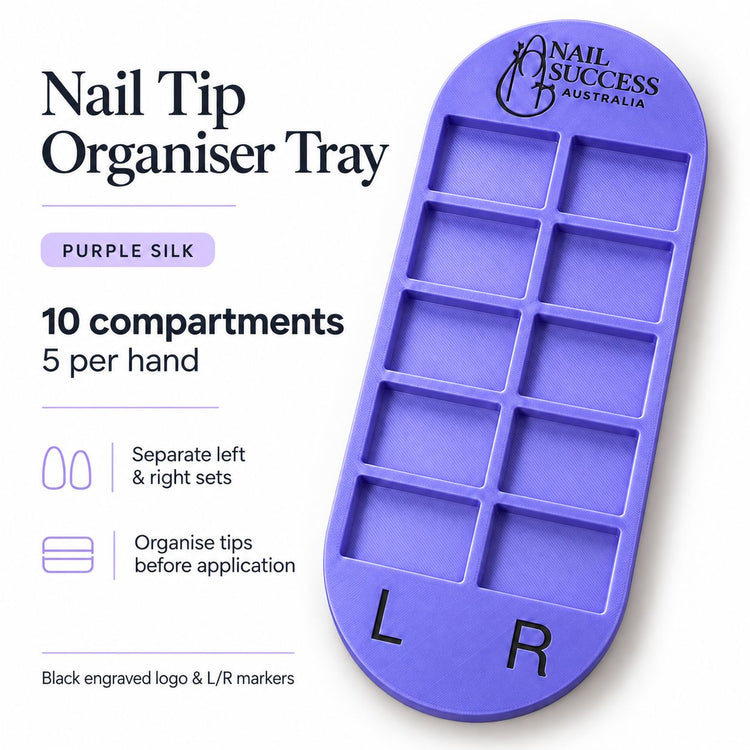 Nail Success Australia nail tip organiser tray in purple silk, 10 compartments with engraved left and right markers