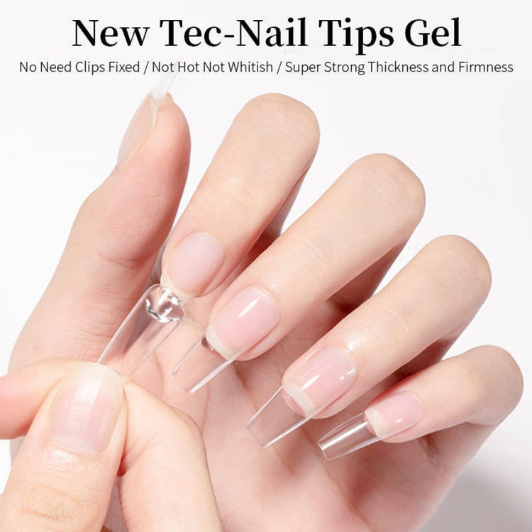 Hand with clear full cover nail tips attached using Nail Tips Gel, no clips needed