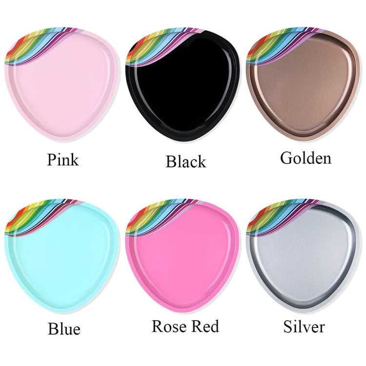 Heart-shaped nail tools tray colour options — pink, black, golden, blue, rose red and silver manicure accessory trays