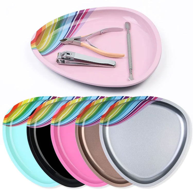 Nail tools tray set with rainbow corner design in pink, blue, black, rose red, gold and silver
