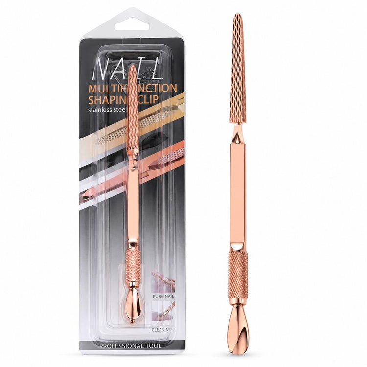 Rose gold multifunction nail shaping clip tool in retail packaging for manicure use