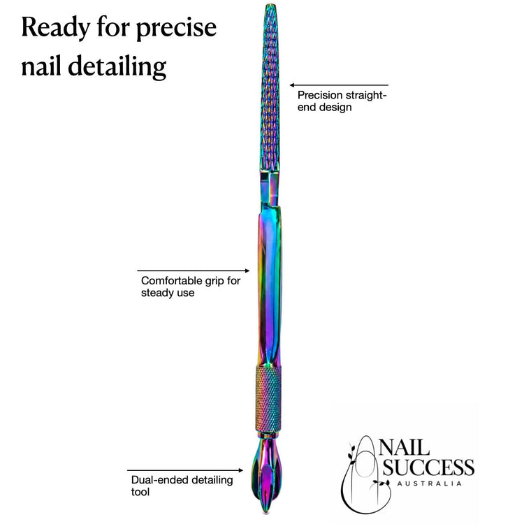 Rainbow dual-ended nail detailing tool with straight-end precision design, comfortable grip and Nail Success Australia branding for precise salon nail art