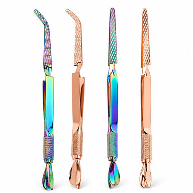 Nail Success Australia multi-function nail tweezers in rainbow and rose gold metal finishes