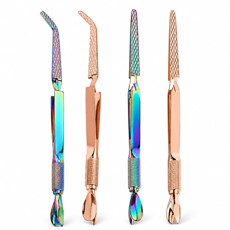 Nail Success Australia multi-function nail tweezers in rainbow and rose gold metal finishes