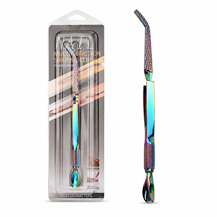 Rainbow curved multi-function nail tweezer tool with packaging, textured grip and professional dual-ended design for precise nail art detailing