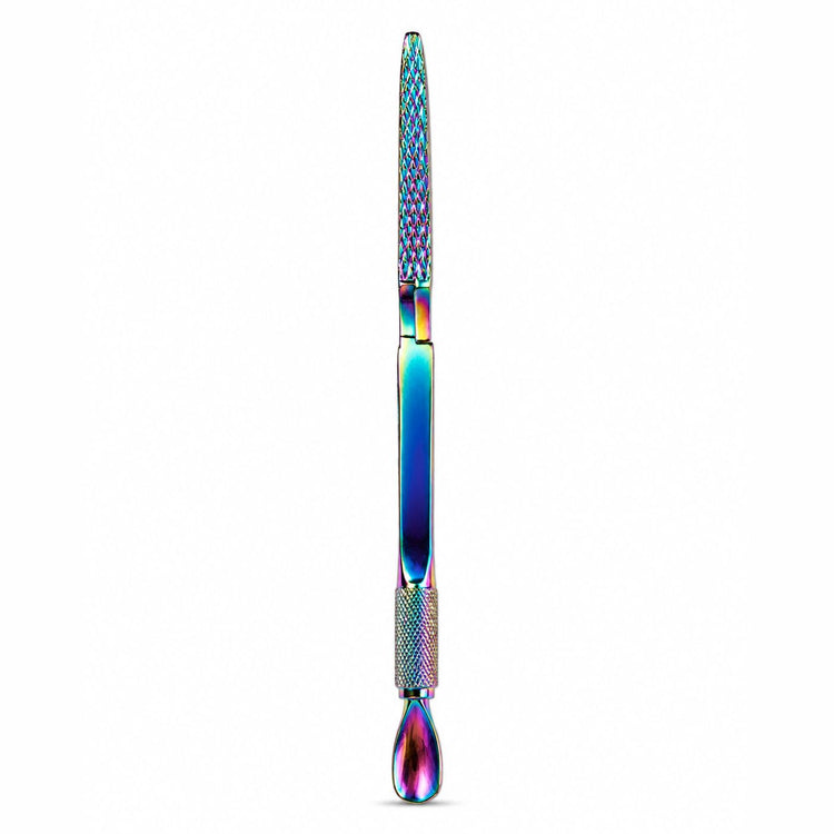 Rainbow multi-function nail detailing tool with textured grip, straight-end design and spoon tip for precise acrylic, gel and nail art work
