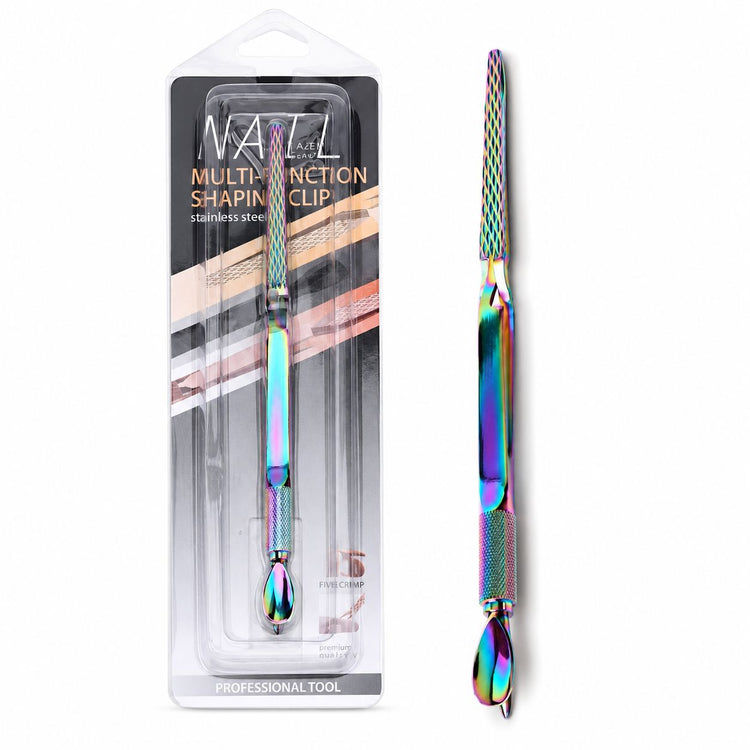Rainbow multi-function nail shaping clip and dual-ended detailing tool with retail packaging, stainless steel finish and textured grip for professional nail art use