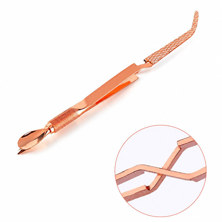Nail Success Australia rose gold multi-function nail tweezer tool with curved tip and detail close-up