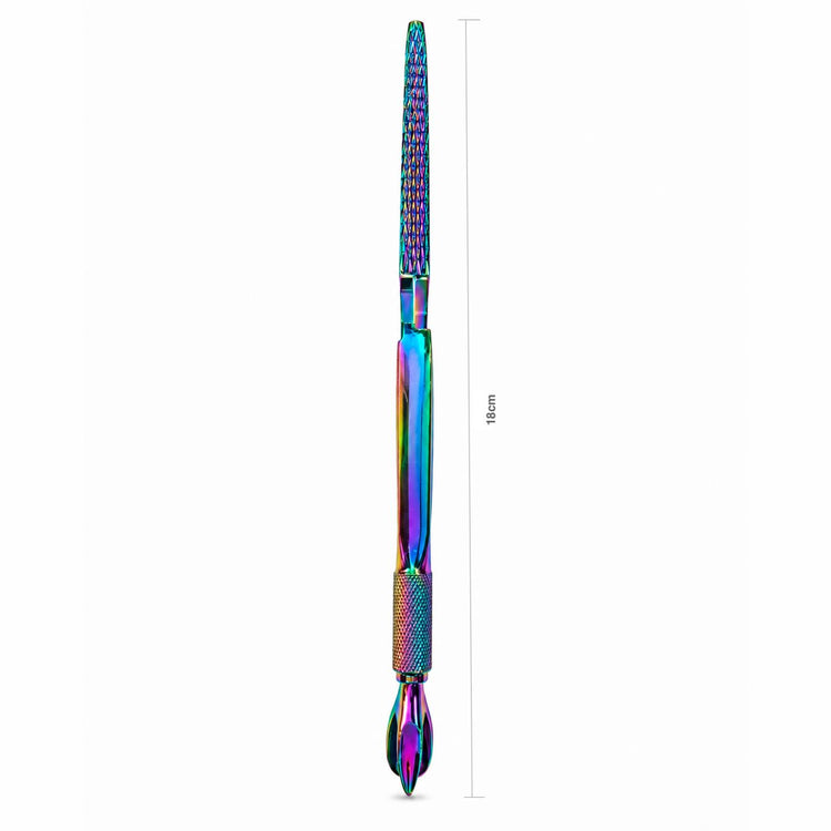 Rainbow multi-function nail tool with textured grip, dual-ended design and 18cm measurement for precise acrylic, gel and nail art detailing