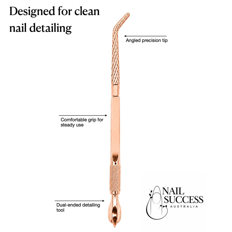 Rose gold dual-ended nail detailing tool with angled precision tip for clean manicure work