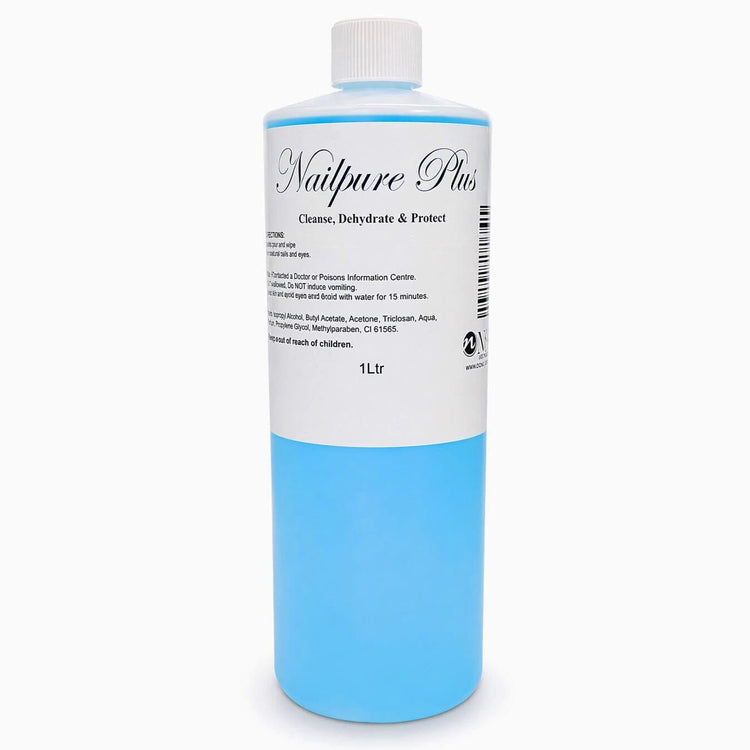 Bottle of Nailpure Plus nail cleanser and dehydrator with blue liquid, white cap, and label reading “Cleanse, Dehydrate & Protect”, 1 litre