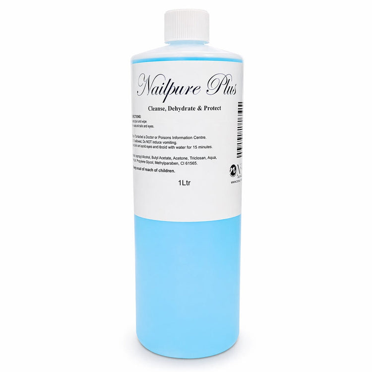 Bottle of Nailpure Plus nail cleanser and dehydrator with blue liquid, white cap, and label reading “Cleanse, Dehydrate & Protect”, 1 litre