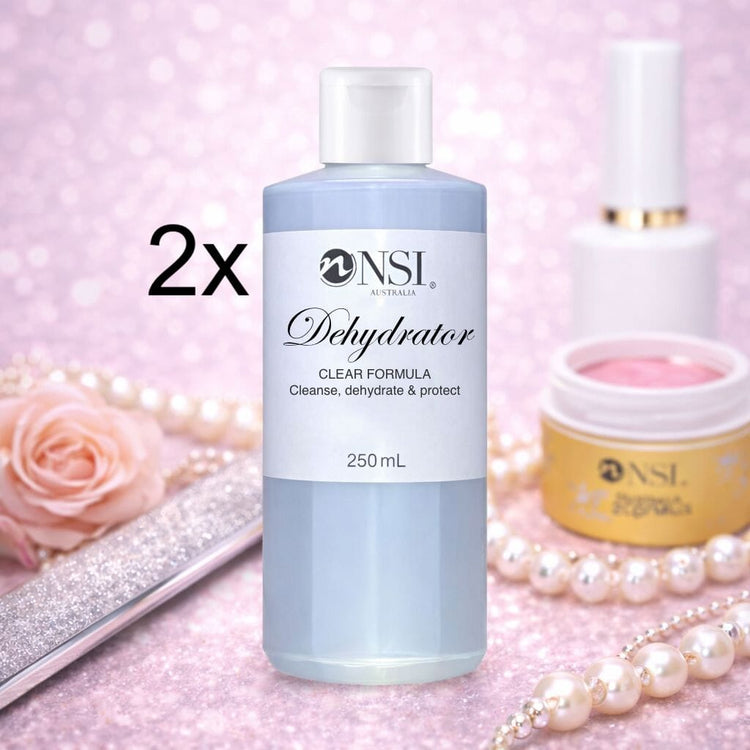 NSI Australia Dehydrator 2 x 250mL clear formula nail prep solution for cleansing, dehydrating and protecting nails before gel or acrylic application