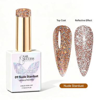 Nail Success Australia Nude Stardust reflective glitter gel polish with top coat and reflective effect swatches