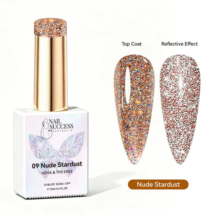 Nail Success Australia Nude Stardust reflective glitter gel polish with top coat and reflective effect swatches