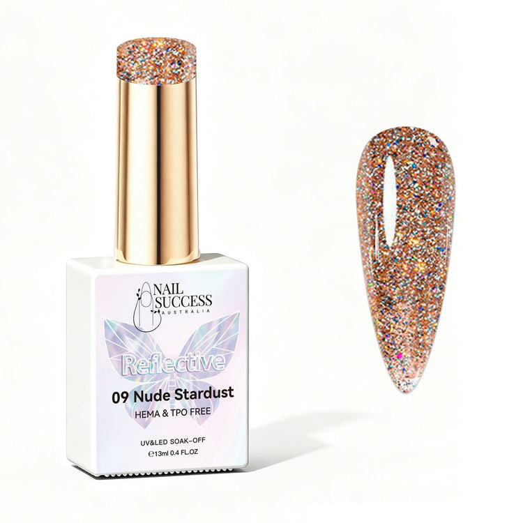 Nail Success Australia Nude Stardust reflective glitter gel polish bottle with glossy nude glitter nail colour swatch