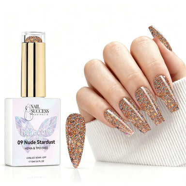Nude Stardust reflective gel polish with bronze nude glitter swatch and matching manicure for HEMA and TPO free salon nails